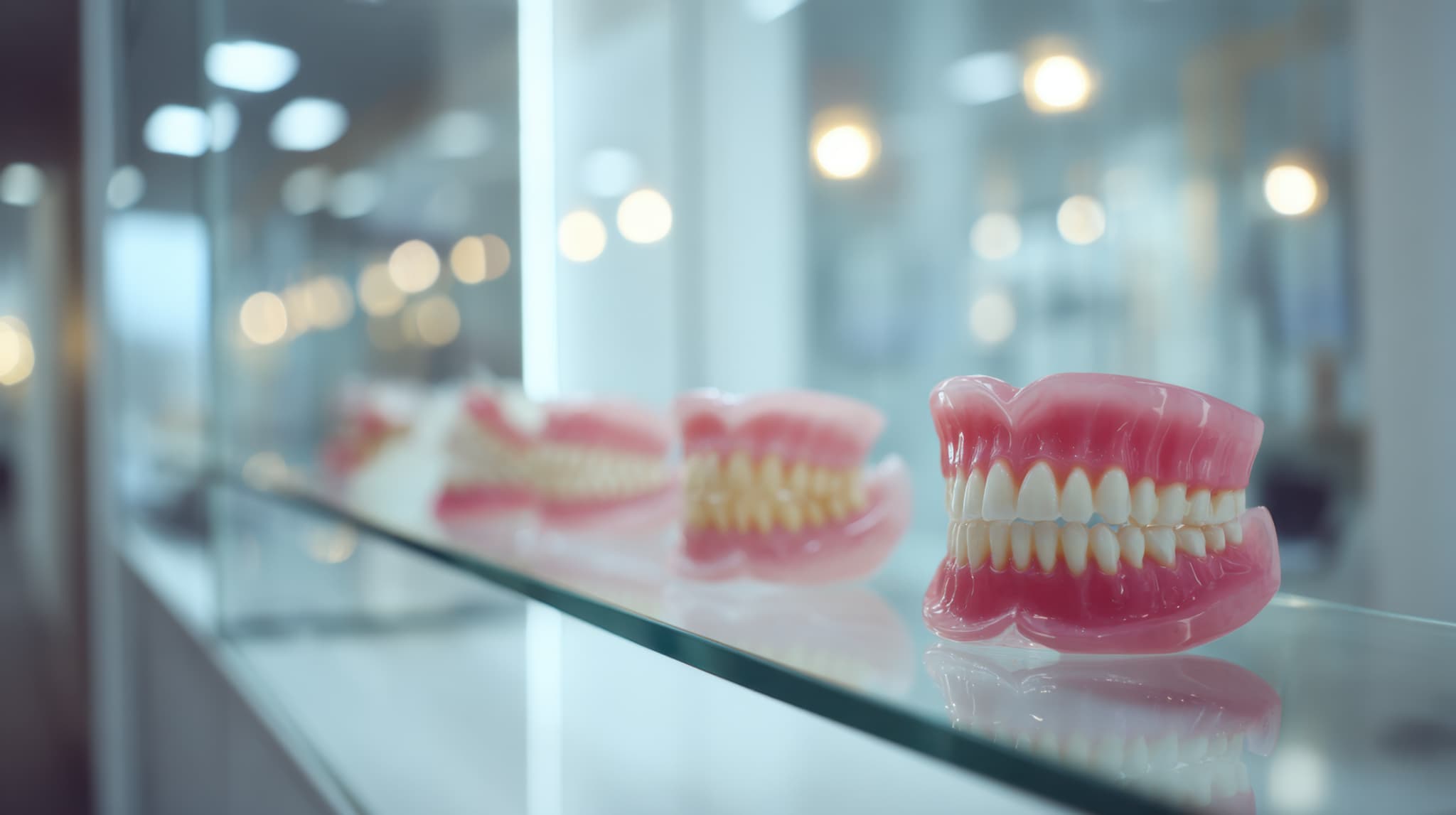 入れ歯の模型が並ぶ様子