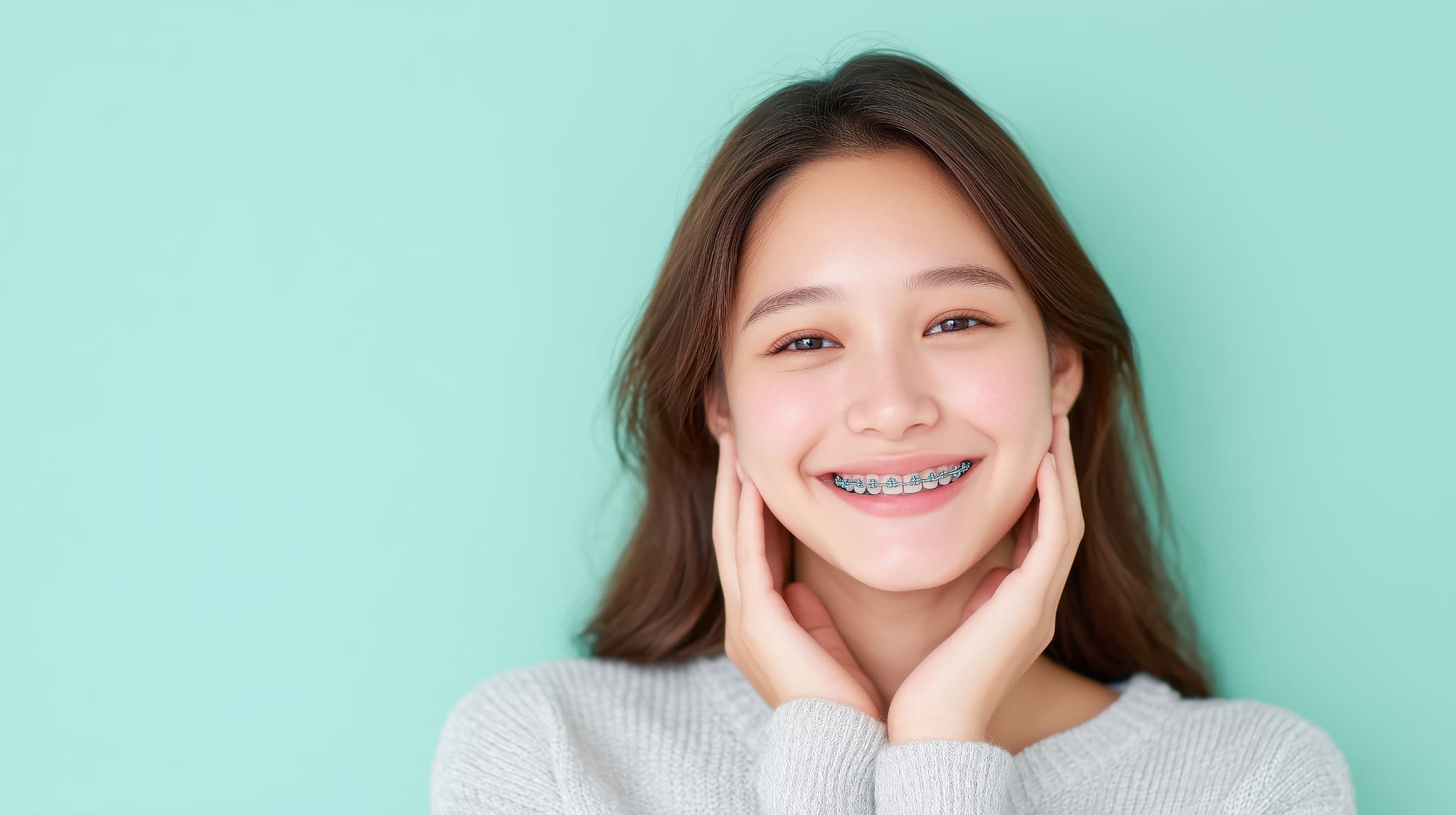 丁寧な歯磨きをしてワイヤー矯正を続ける笑顔の女性