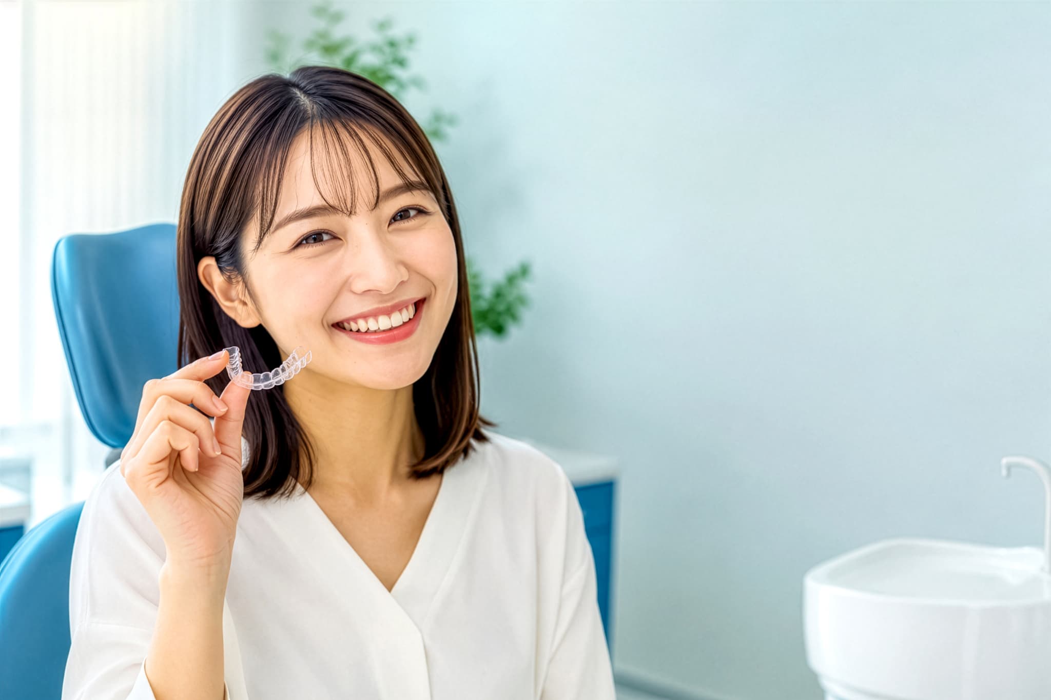 インビザラインを手に笑顔を見せる女性