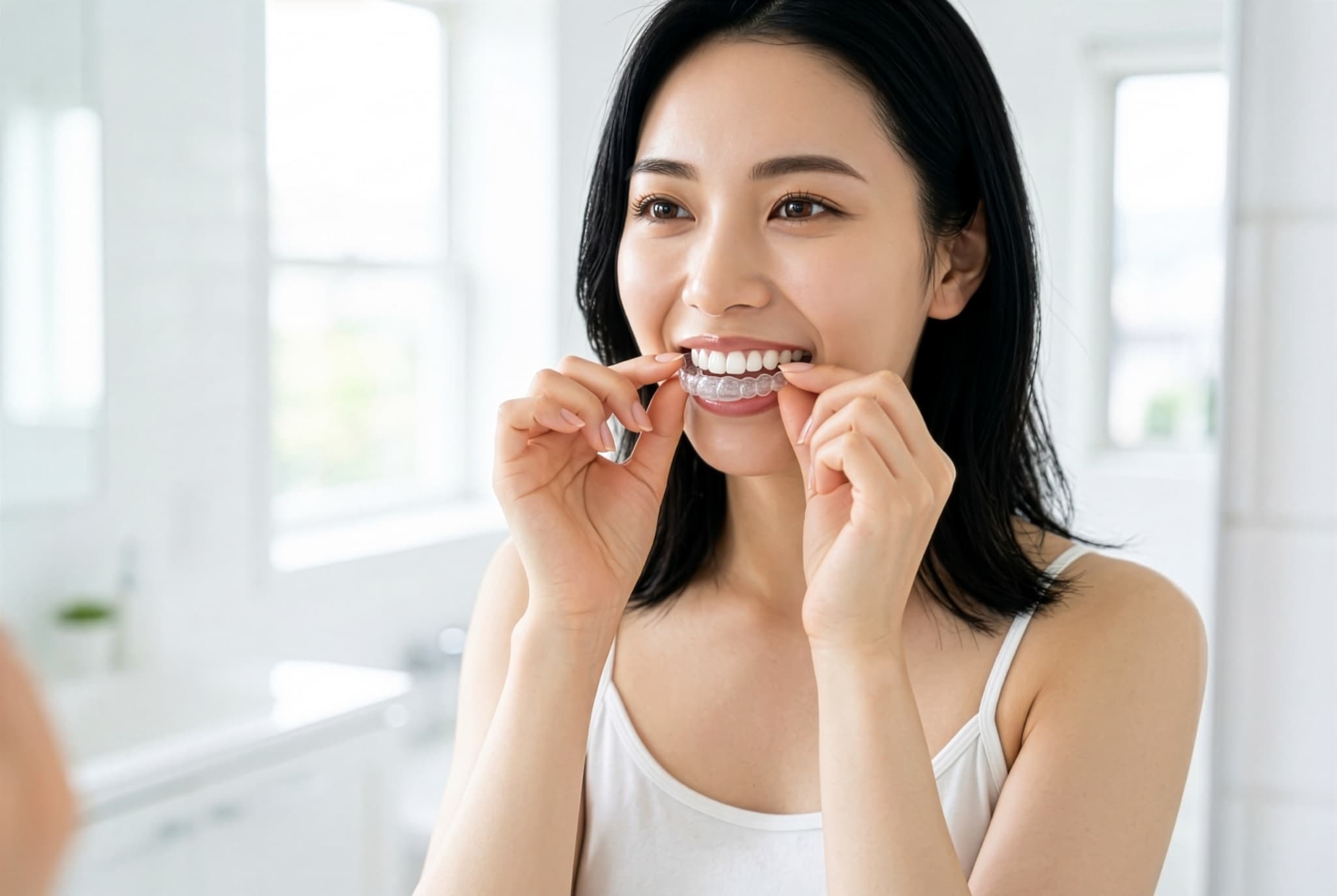 マウスピース矯正で受け口を治療している女性